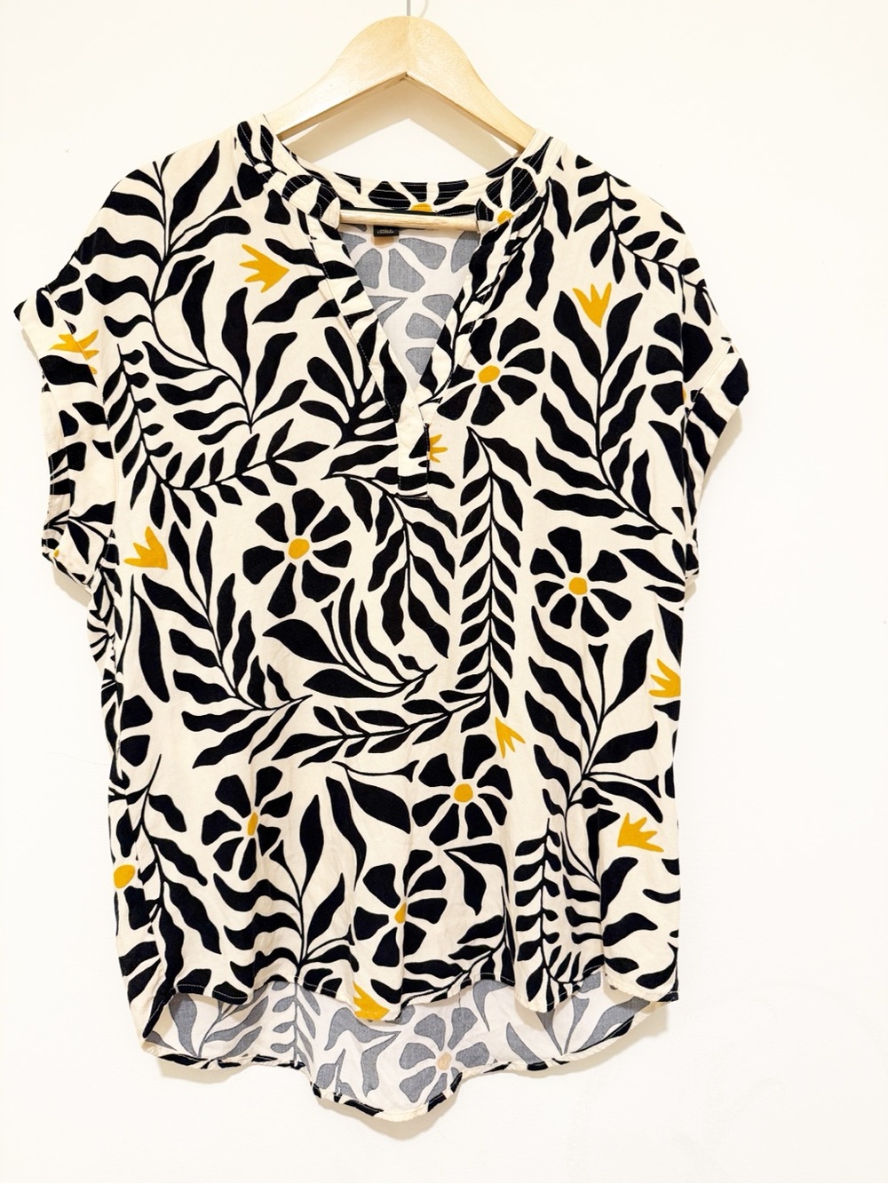 Cynthia Steffe Cream Blouse with Black Floral Print and Yellow Accents